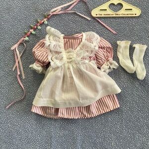 Pleasant Company Samantha Pink Striped Birthday Dress, Apron, floral hair piece